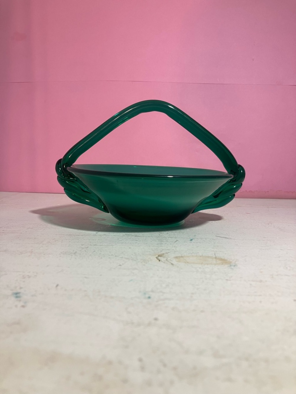 VINTAGE Murano-Style Green Jade Glass Candy Dish With Handle